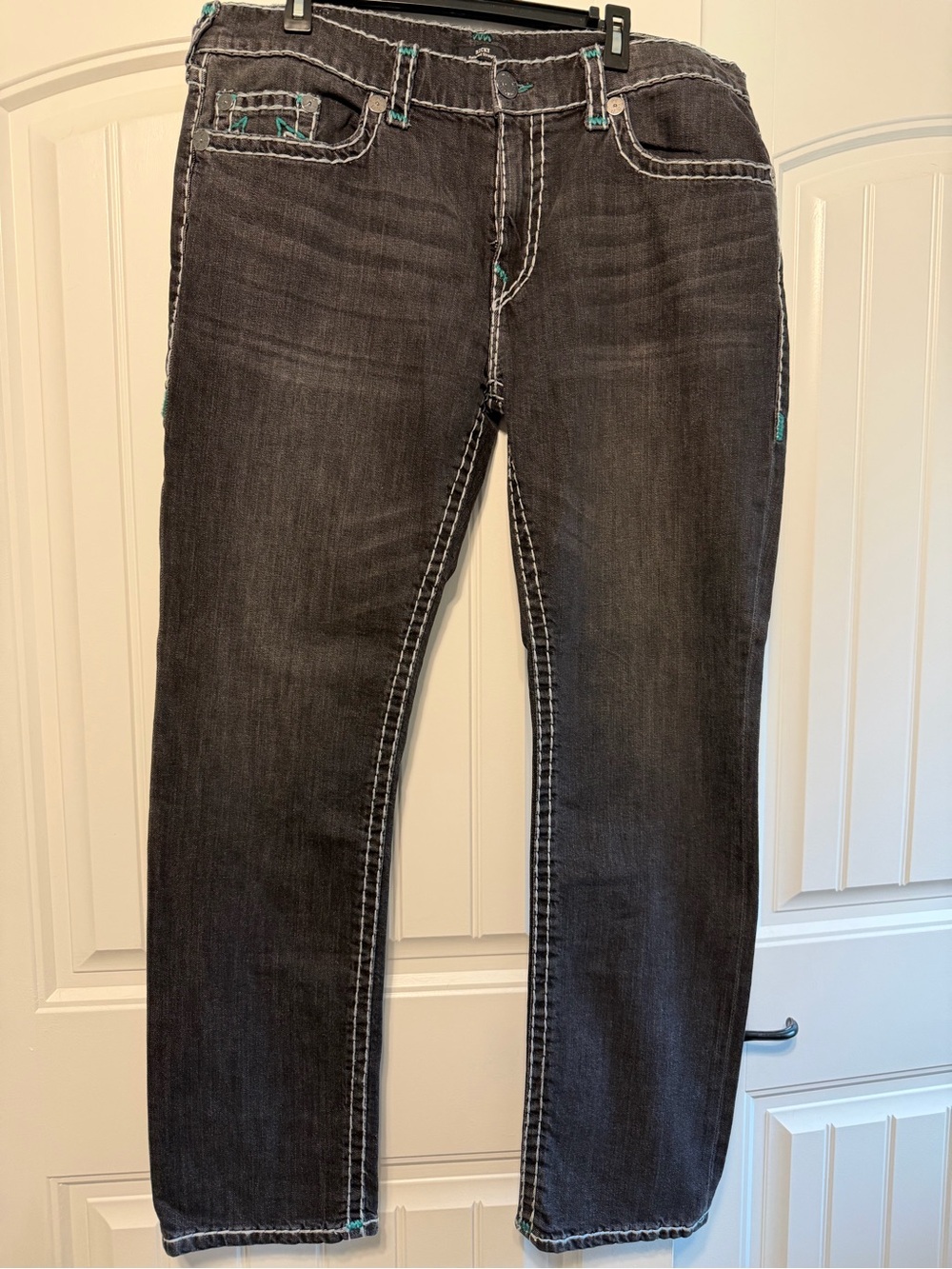 True Religion Men's Relaxed Black Jeans with Contrast Stitching